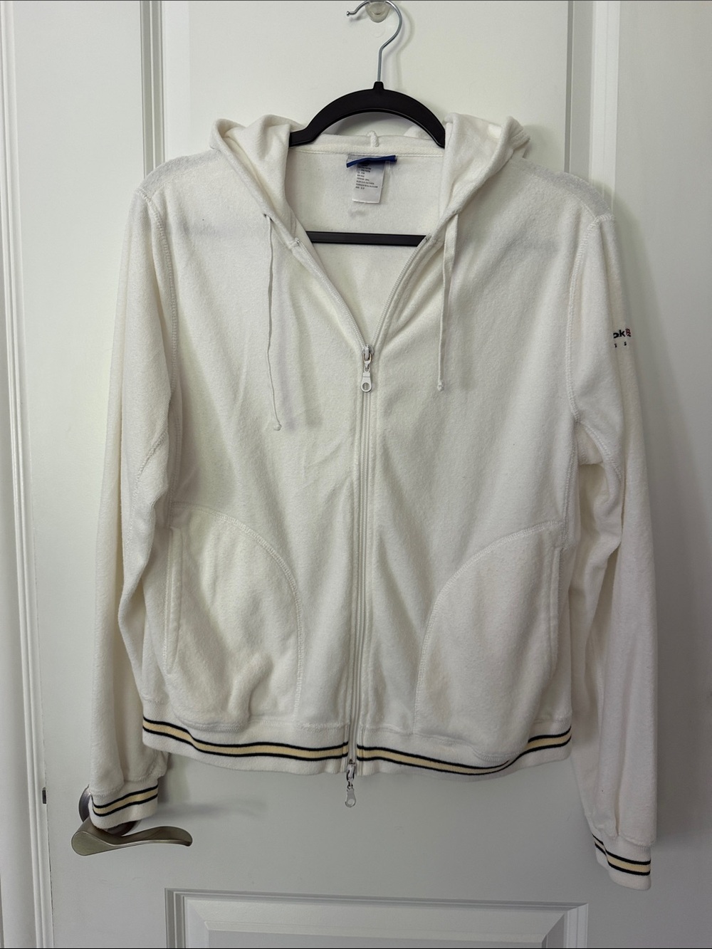 Reebok White Zip-Up Hoodie with Hood and Stripe Trim